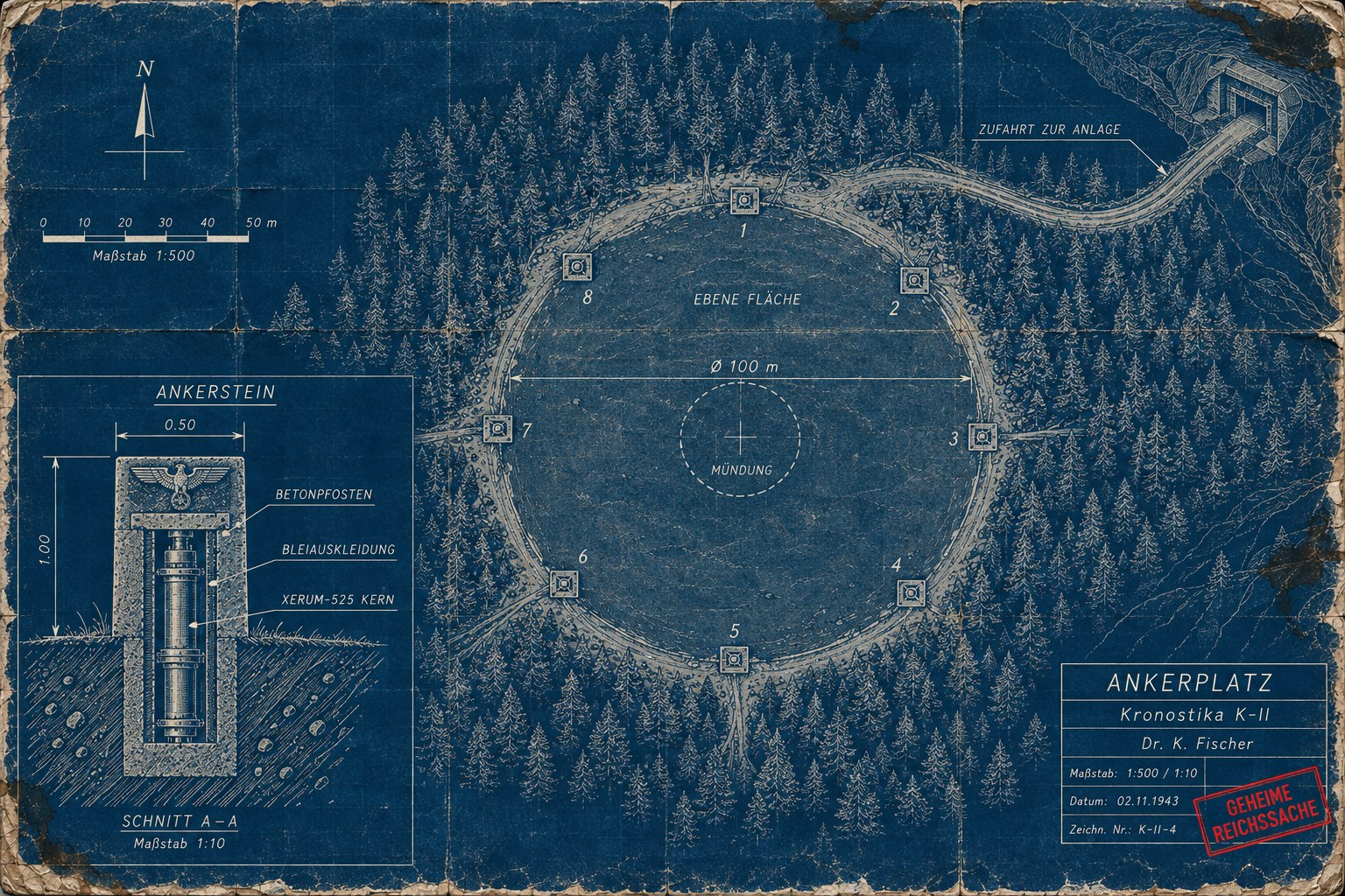 Cyanotype site plan of an Ankerplatz: a round clearing 100 meters across cut into dense conifer forest, eight numbered anchor stones set evenly around its edge, a dashed circle at the center marked Mündung, and a track winding through the trees to a bunker entrance in a hillside. Inset at lower left: section A–A through an anchor stone, a concrete post one meter tall and half a meter wide with a cast eagle on top and a Xerum-525 core in a lead lining inside. Title block for the Kronostika K-II, drawing K-II-4, dated 2 November 1943, stamped Geheime Reichssache.