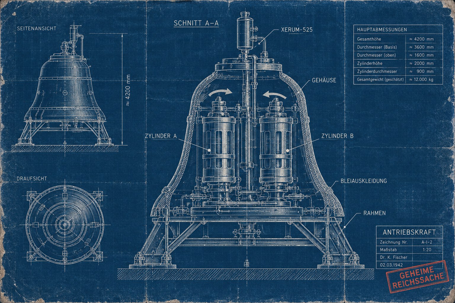 Cyanotype engineering drawing of the Bell: a large section A–A cutaway of a riveted bell-shaped housing with a lead lining, two counter-rotating cylinders inside marked Zylinder A and B, a Xerum-525 tank on top, and a heavy steel frame on a concrete floor. At left, a side view about 4,200 mm tall and a plan view; at upper right, a table of main dimensions; at lower right, a title block for the Antriebskraft stamped Geheime Reichssache.