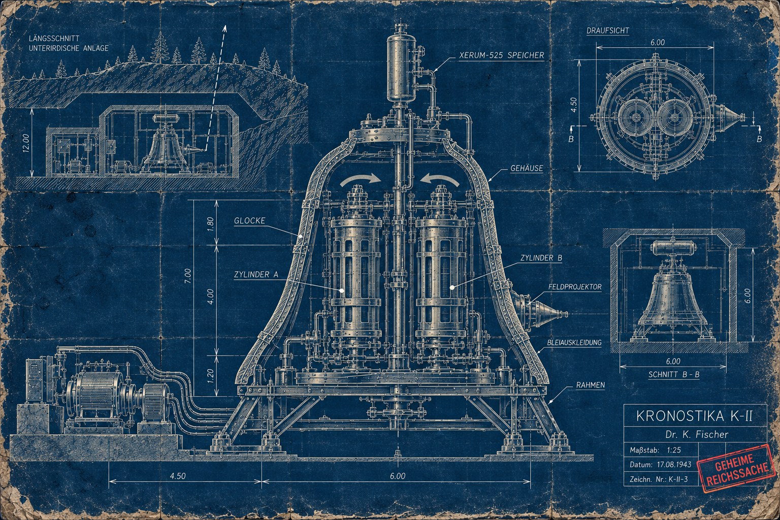 Cyanotype engineering drawing of the Kronostika K-II: a riveted, lead-lined bell housing about 7 m tall over two counter-rotating cylinders 4 m tall, a Xerum-525 reservoir on top, a cone-shaped field projector (Feldprojektor) on its right flank, a generator set at left piped into the base, a 12 m chamber buried under a forested hill at upper left with a dashed line projecting up to the surface, a plan view at upper right, section B–B at right, and a title block for the Kronostika K-II stamped Geheime Reichssache.