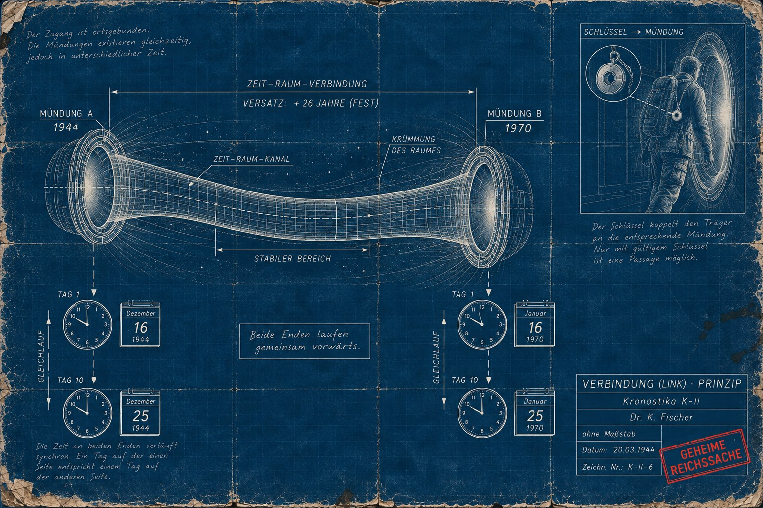 Cyanotype concept drawing of a link: two ringed openings, Mündung A marked 1944 and Mündung B marked 1970, joined by a long curved gridded tunnel labeled with a fixed offset of plus 26 years. Under each opening, clocks and calendars show Day 1 and Day 10 advancing in step, with the note Beide Enden laufen gemeinsam vorwärts, both ends run forward together. Inset at upper right: a man with a key on a chain stepping through a ring. Title block for drawing K-II-6, not to scale, dated 20 March 1944.