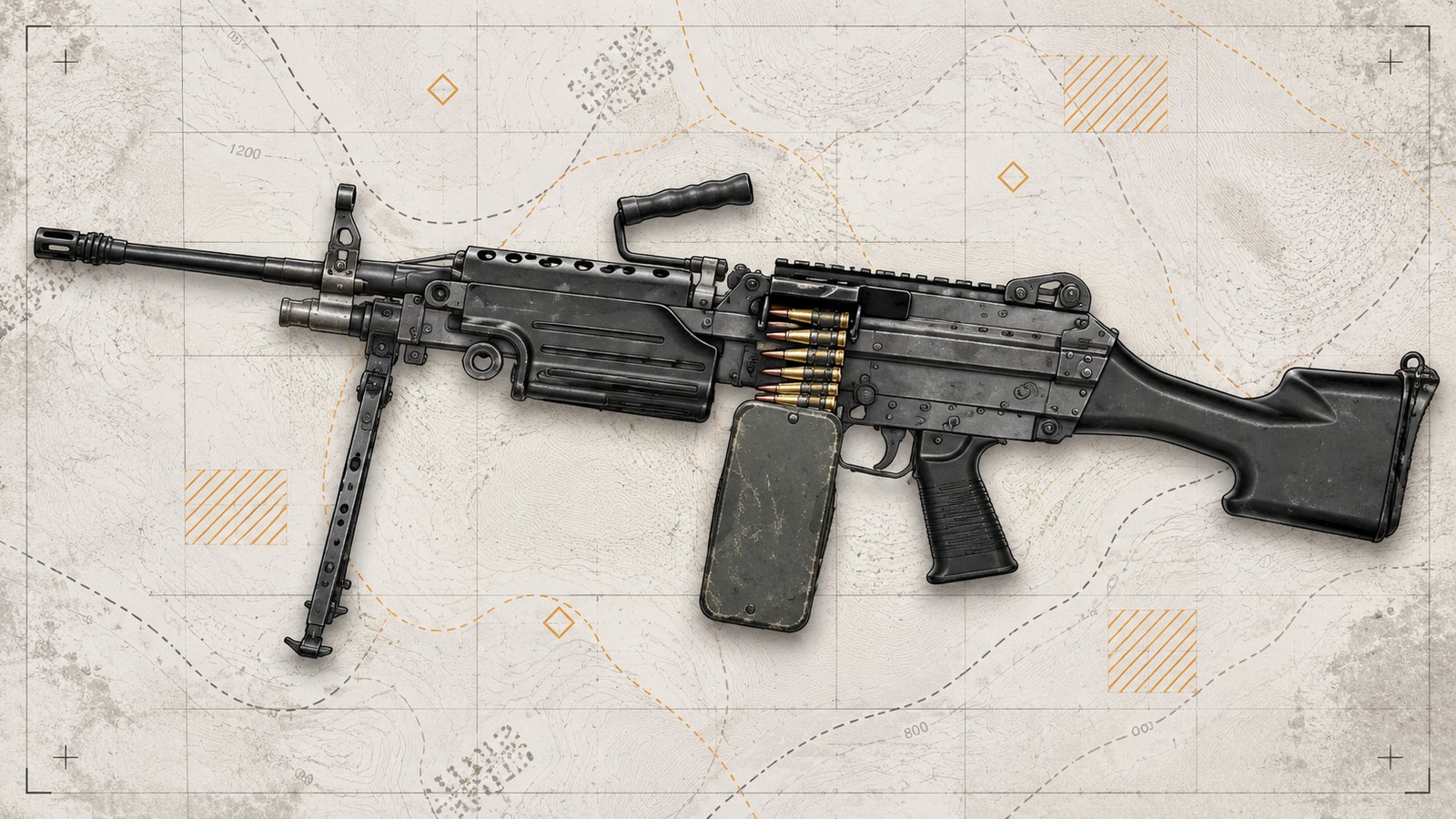 M249 SAW with bipod deployed and a belt feeding from its ammunition box, laid over a pale topographic map