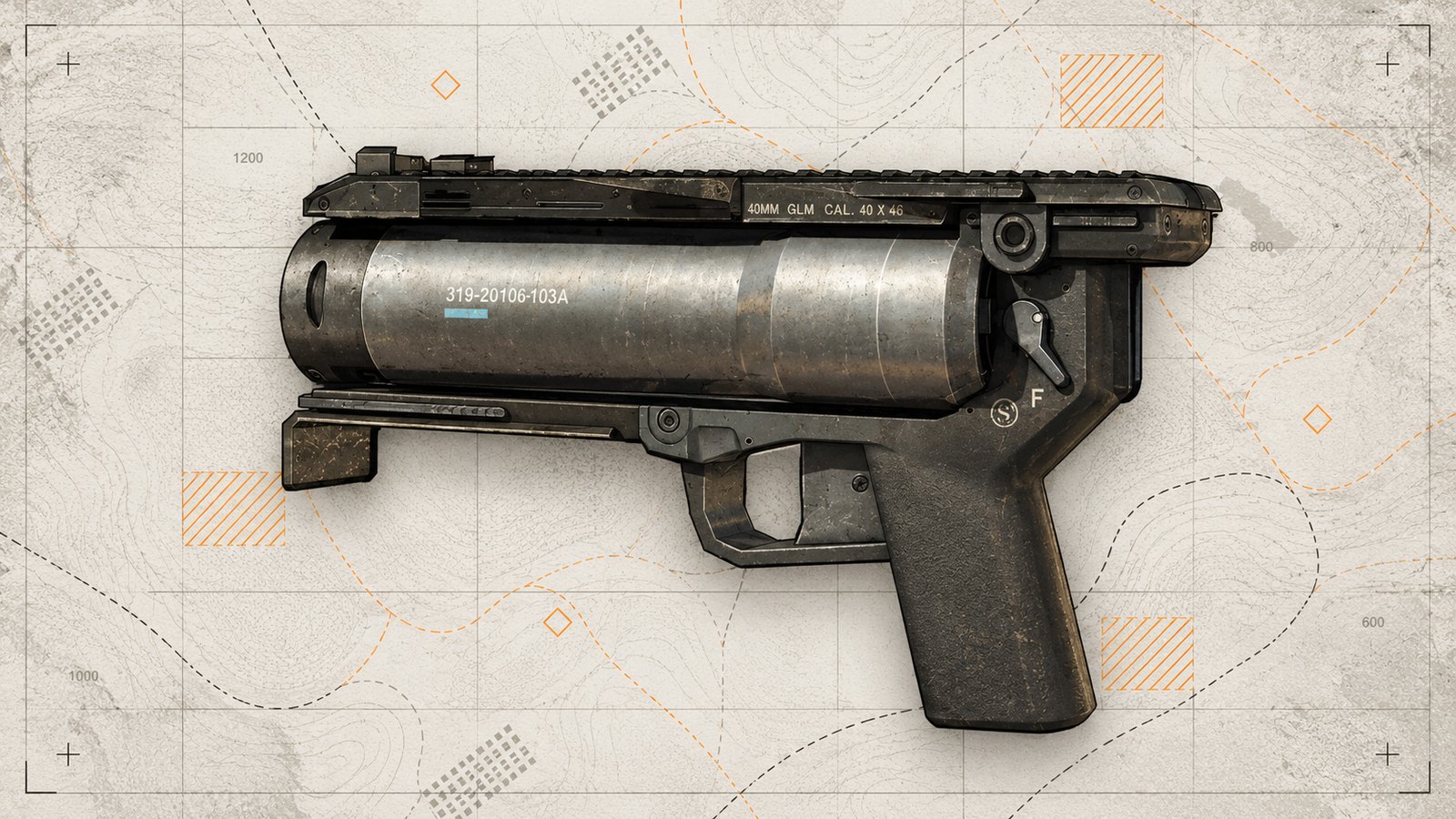 M320 40mm grenade launcher, side view, laid over a pale topographic map