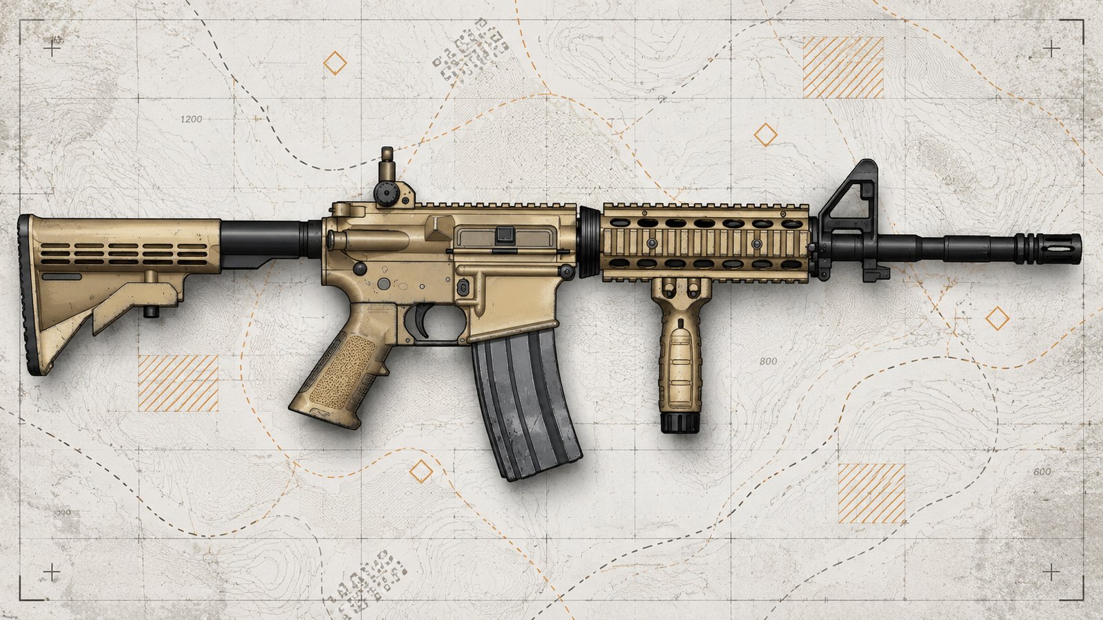 Tan M4A1 carbine with rail handguard and vertical grip, laid over a pale topographic map