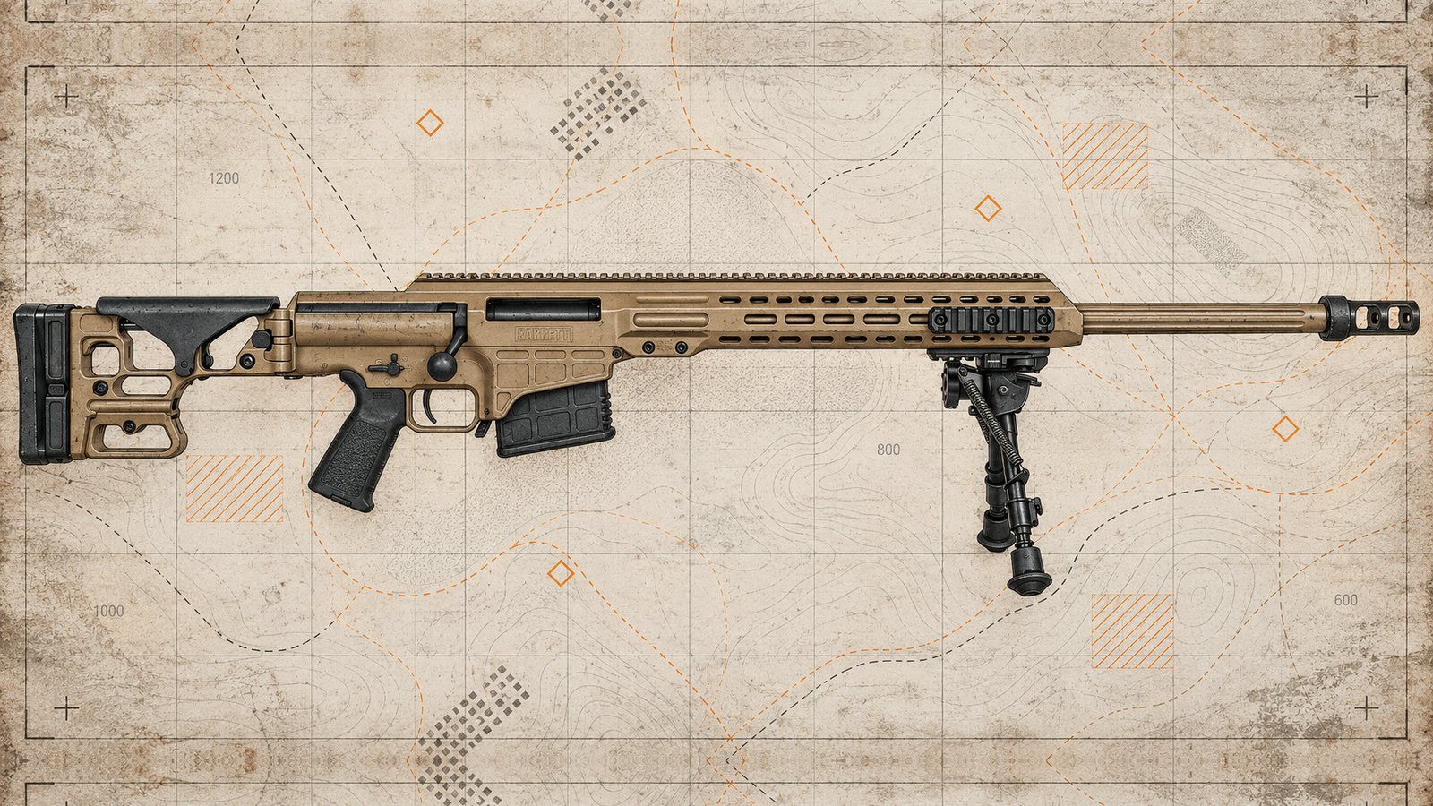Tan Mk22 bolt-action sniper rifle with folding stock and bipod, laid over a pale topographic map