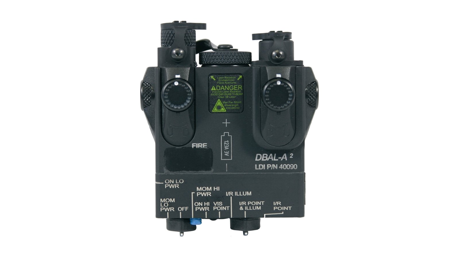 Infrared aiming laser module, top view showing mode selector