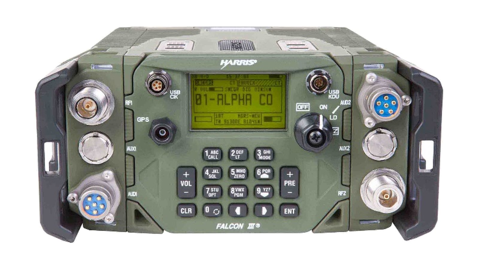 Green manpack radio, front panel with display and keypad