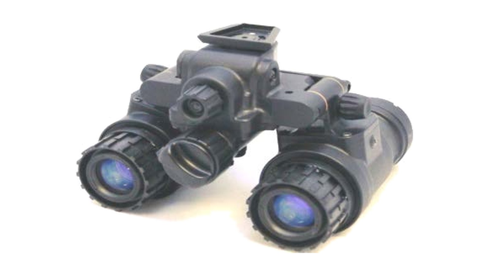 Binocular night vision goggles, front three-quarter view