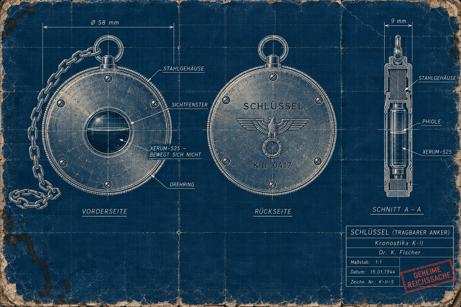 Cyanotype engineering drawing of the Schlüssel at full scale: the front of a 58 mm steel disk with a knurled turning ring, four screws and a round glass window showing a level, unmoving dark liquid, a chain hanging from its loop; the back stamped SCHLÜSSEL above an eagle and the serial K-II · 0417; and a 9 mm section showing the steel case and a sealed glass vial inside. Title block for drawing K-II-5, dated 15 January 1944, stamped Geheime Reichssache.