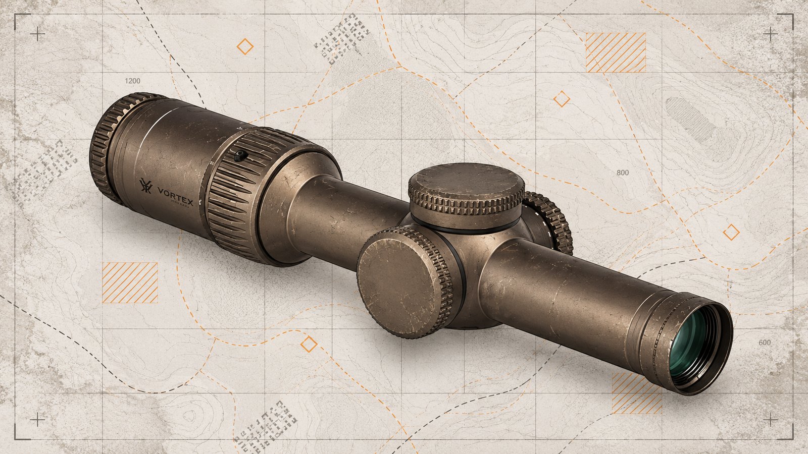 Tan Vortex Razor HD 1-6x rifle scope, laid over a pale topographic map